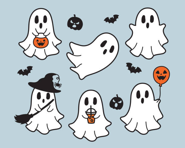 Cute Halloween Sheet Ghosts Cartoon Vector Illustration Cute halloween sheet ghosts vector illustration set. Simple ghosts with jack-o-lantern. in good spirits stock illustrations