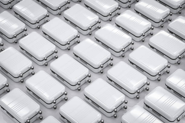 3d rendering a lot of white luggages in a row on white background