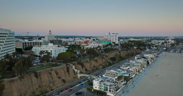 istock Drone Shot along Pacific Coast Highway in Santa Monica, CA before Sunset 2166246836