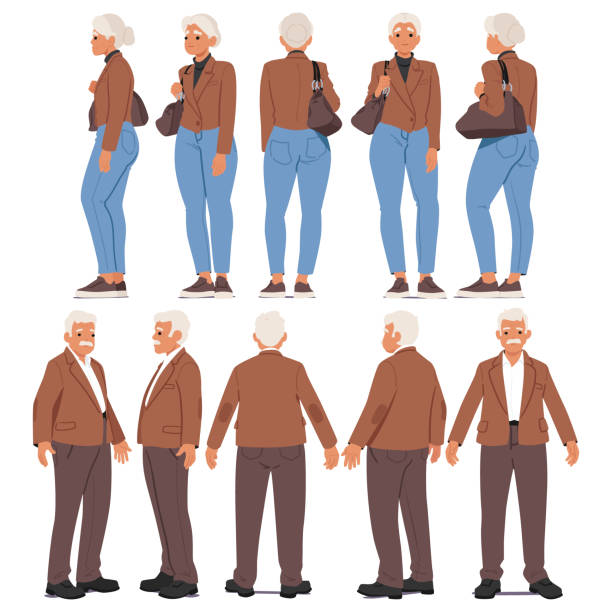 Elderly Man And Woman From Multiple Profile Views. Characters Are Dressed Casually, Showcasing Front, Side, Back Views Elderly Man And Woman From Multiple Profile Views. Characters Are Dressed Casually, Showcasing Front, Side, And Back Views, Ideal For Character Design, Fashion Concept, Or Demographic-related Projects face-angles stock illustrations