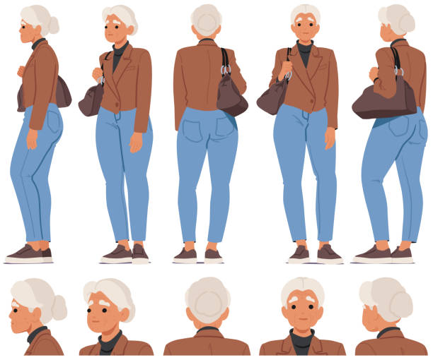 Cartoon Vector Elderly Woman In Multiple Profile Views, Showcasing Different Perspectives. Senior Female Character Cartoon Vector Elderly Woman In Multiple Profile Views, Showcasing Different Perspectives. Senior Female Character, Dressed Casually With A Handbag, Represents Aged People Lifestyle And Fashion face-angles stock illustrations