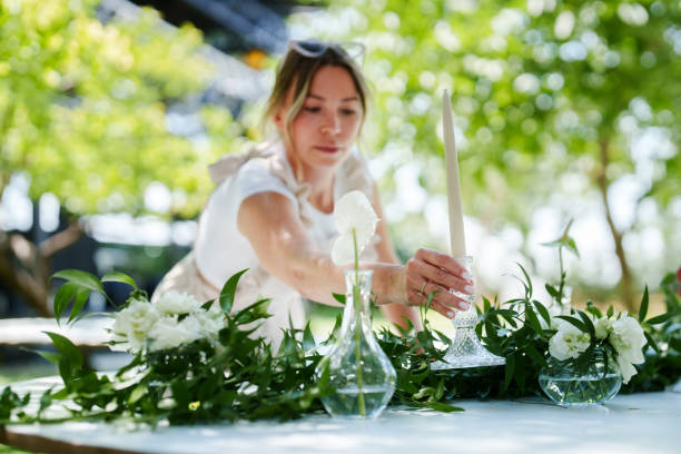 The wedding planning team is preparing the floral garlands