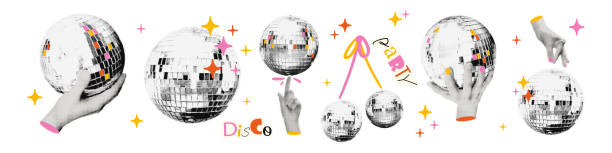 bóng disco và bàn tay cắt dán nửa tông màu minh họa vector - hộp đêm hình minh họa sẵn có