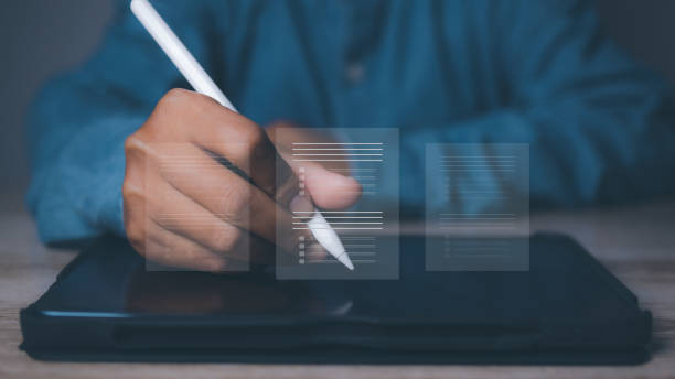 istock Businessman take an assessment, Choosing the right answer, acceptance and quality agreement, assurance, evaluation and checklist. Answer the test questions. 2166264011