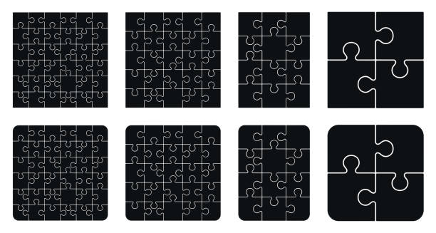 Puzzle pieces square 4x4, 5x5, 6x6, 3x4, isolated on white background. Jigsaw puzzle game vector template with right angles, rounded.