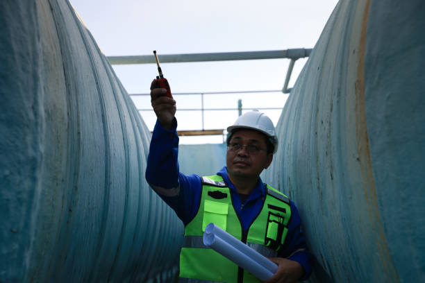 istock Senior maintenance engineer wearing a reflective vest and using a walkie-talkie while working with a blueprint drawing at a large water tank in a construction site of the factory. 2166271719