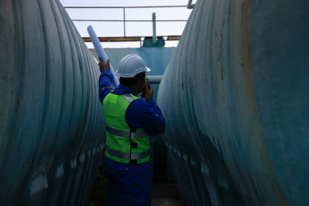 istock Senior maintenance engineer wearing a reflective vest and using a walkie-talkie while working with a blueprint drawing at a large water tank in a construction site of the factory. 2166271731