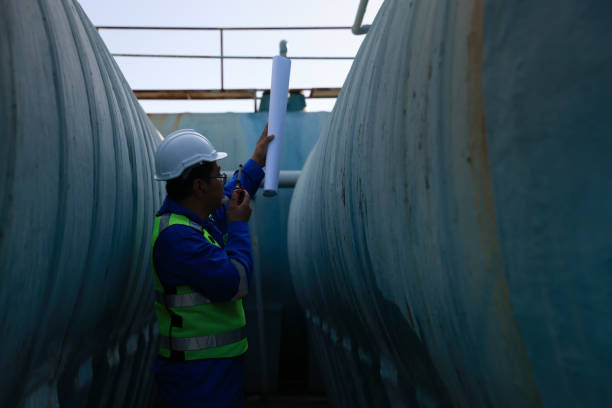 istock Senior maintenance engineer wearing a reflective vest and using a walkie-talkie while working with a blueprint drawing at a large water tank in a construction site of the factory. 2166271733