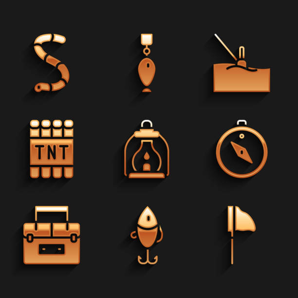 Set Camping lantern Fishing lure net with fish Compass Case container for wobbler Detonate dynamite bomb stick float water and Worm icon. Vector.