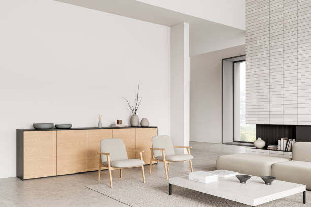 istock Modern living room interior with soft place and drawer, panoramic window 2166278719