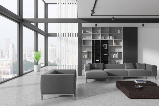istock Modern home living room interior with sofa and armchair, panoramic window 2166279476