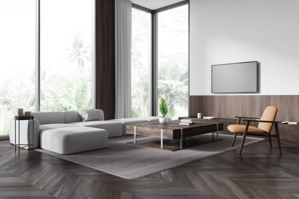 istock Home living room interior with soft place and tv console, panoramic window 2166279543