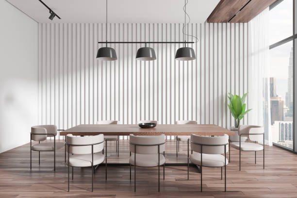 istock Modern conference room with wooden table and white chairs. 3D Rendering 2166279590
