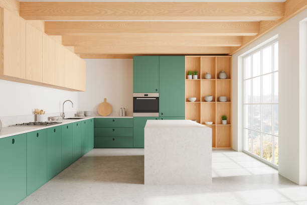 istock House kitchen interior with cooking cabinet, bar island and panoramic window 2166279892