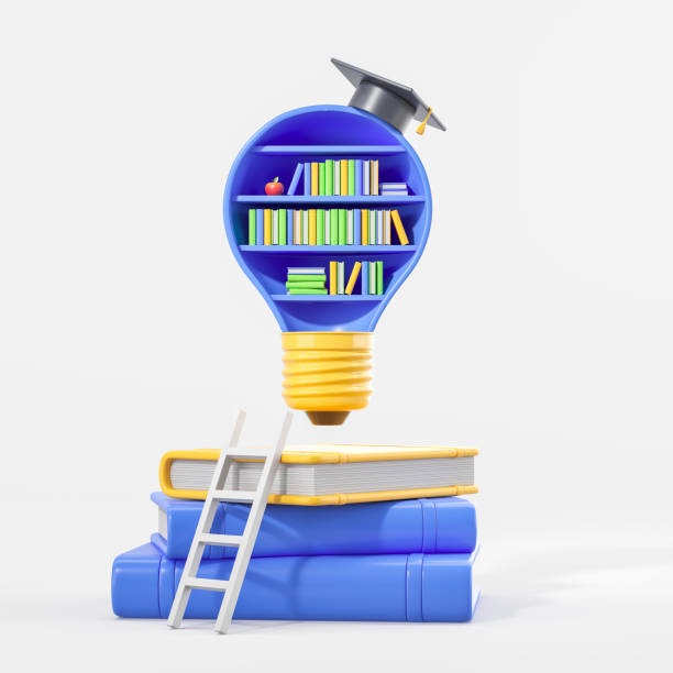istock Large cartoon lightbulb and books with ladder, education and progress 2166279949
