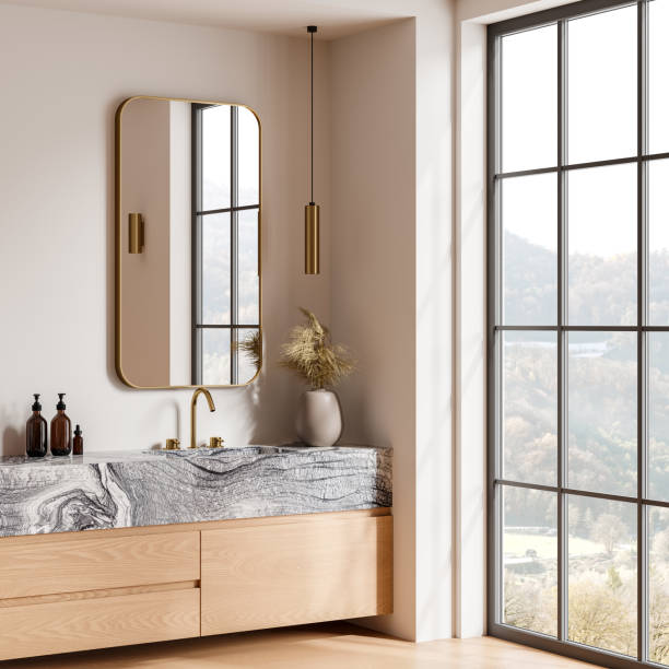 istock Beige hotel bathroom interior with sink and accessories, panoramic window 2166279988