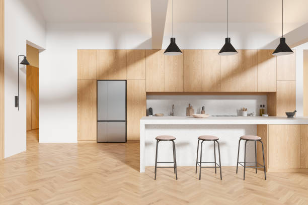 istock Wooden home kitchen interior with bar island and cabinet, refrigerator 2166280137