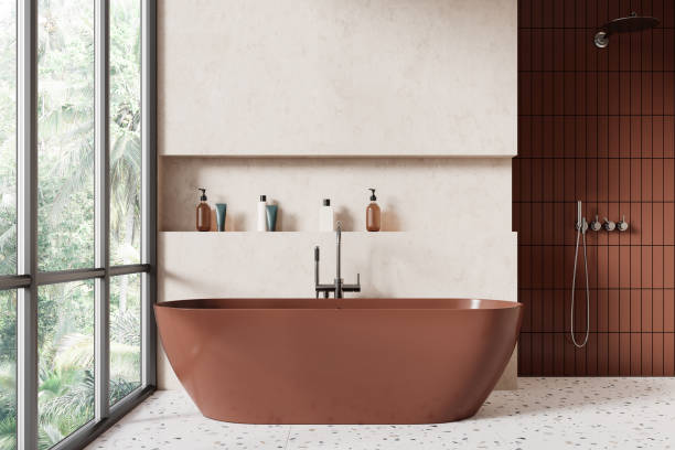 istock Luxury hotel bathroom interior with tub and douche, panoramic window 2166280630