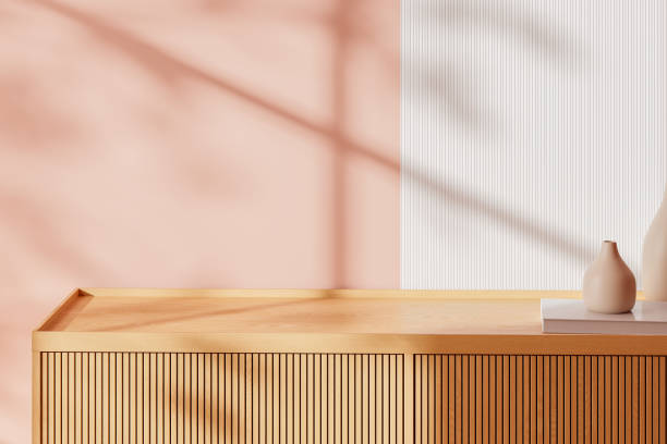 istock Minimalist Wooden Counter with Decorative Vases in Bright Setting. 3D Rendering 2166280716