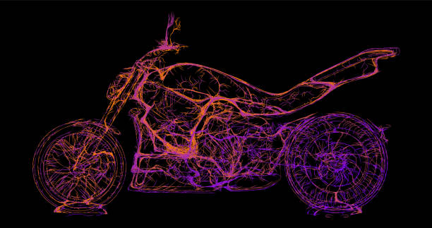 istock Composition of a motorcycle standing sideways from wavy lines along the contour of neon color on a black background. Vector illustration. 2166283750