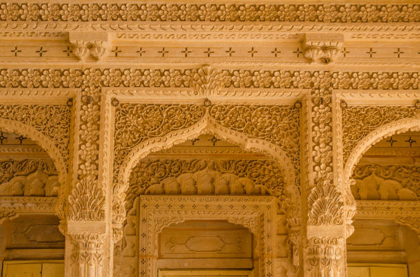 Amar Sagar Jain temple, ancient architecture, 12th century, Details of delicate stone carvings, The intricate stonework, Jaisalmer, Rajasthan, India, Asia.