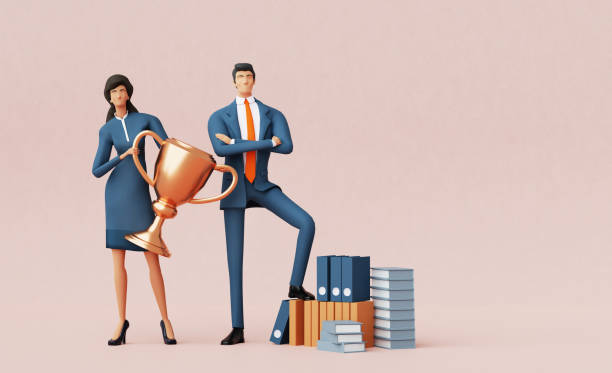 istock Business people with golden trophy stay next to file folders, 3D rendering 2166301312