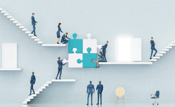 istock Business people work together with puzzles. 3D rendering illustration  Abstract business environment with stairs and opened door, 3D rendering 2166301362