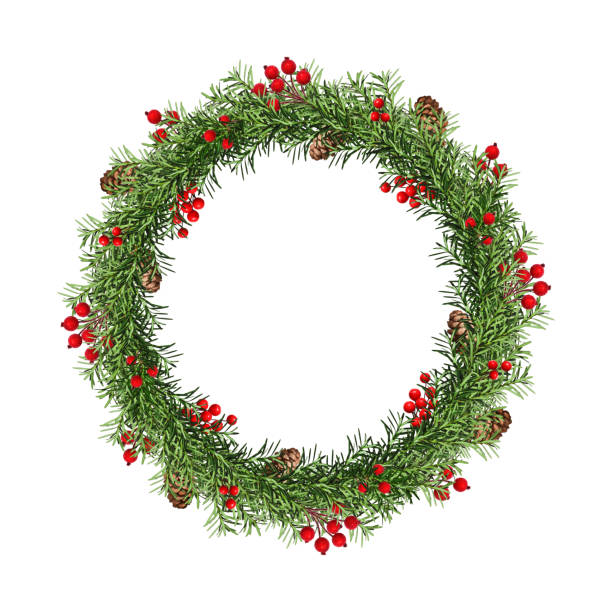 Festive Christmas wreath. Round frame of coniferous branches decorated with cones and artificial red berries. Wreath isolated on white background, copy space.