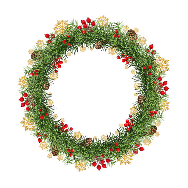 istock Festive Christmas wreath. Round frame made of conifer branches decorated with cones, artificial red berries and decorative gold snowflakes. Wreath isolated on white background, copy space. 2166301858