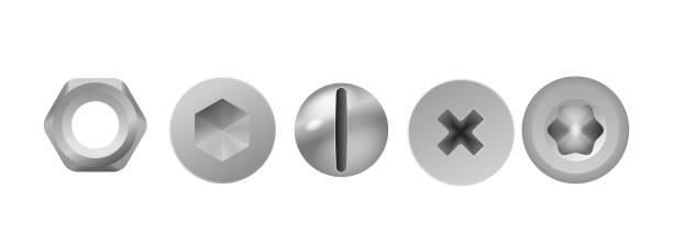 istock Five Types Of Metallic Fasteners Including Screws And Bolts Arranged In Line. Realistic 3d Vector Different Head Shapes 2166302542