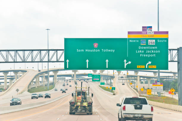 Pearland, Texas, USA - April 27. 2024: View of Interstate 45 on the Sam Houston Tollway heading east during a drive to the port of Galveston.
