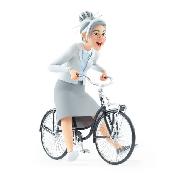 istock 3d cartoon granny riding bicycle with legs out 2166307040
