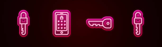 istock Set line Locked key, Mobile and graphic password, Key and Unlocked. Glowing neon icon. Vector 2166307619
