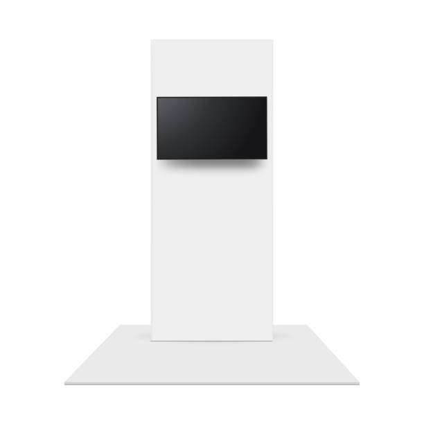 Blank Exhibition Vertical Banner With Hanging TV Screen, Front View Blank Exhibition Vertical Banner With Hanging TV Screen, Front View, Isolated On White Background. Vector Illustration table ledge stock illustrations