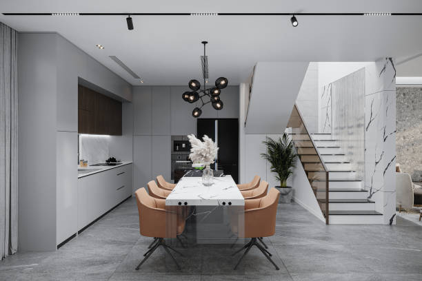 istock Modern Dining and kitchen interior with dining table and chairs.3D illustration 2166309294