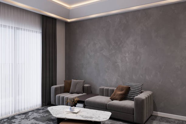 istock A room with a sofa, and a window covered with white and gray curtains. Ideal for interior design concepts 2166309325