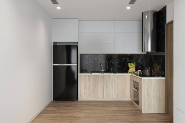 istock Light kitchen set interior with shelves and fridge, parquet floor 2166309977