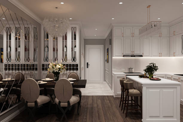 istock 3d rendering dining room with luxurious and traditional dining table and seating chairs 2166309988