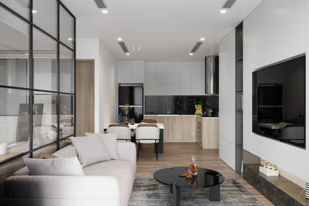 istock Luxury modern living room with open concept view through to dining room kitchen 2166309992