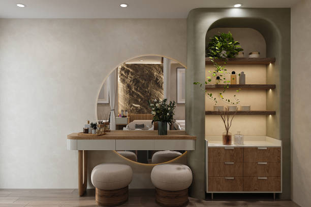 istock 3D render of a modern hair spa that Incorporates elements such as a stylish console table, a large mirror 2166310055