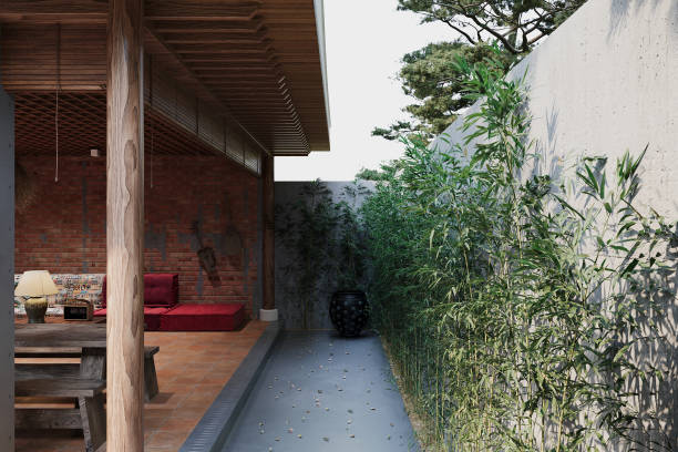 istock A modern E-San cottage house editorial photograph, elevation view, small, concrete, stone path 2166310066