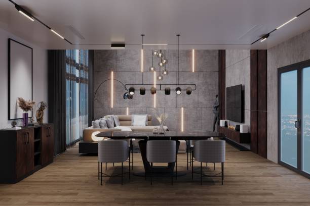 istock An elegant dining room with a long table, modern chairs, and a statement chandelier. 2166310075