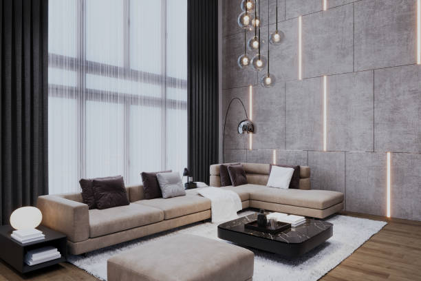 istock A modern industrial living room with a concrete wall backdrop and a sofa framed in a mock-up. 2166310164
