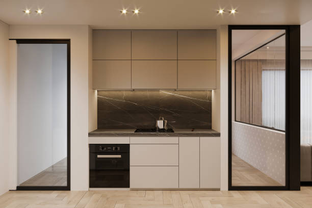 istock Beige kitchen interior with stone countertop and decor. 3d render illustration mock up. 2166310172