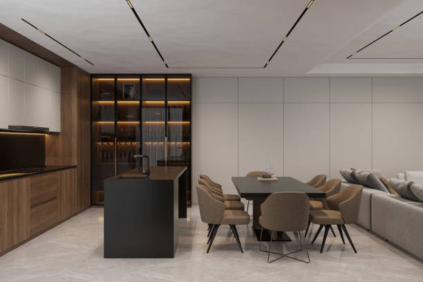 istock Dining room in an apartment in modern style with dining table and seating chairs in an open kitchen 2166310285