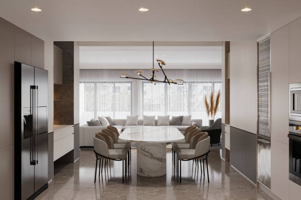 istock Modern home kitchen interior with eating table and seats, panoramic window 2166310463