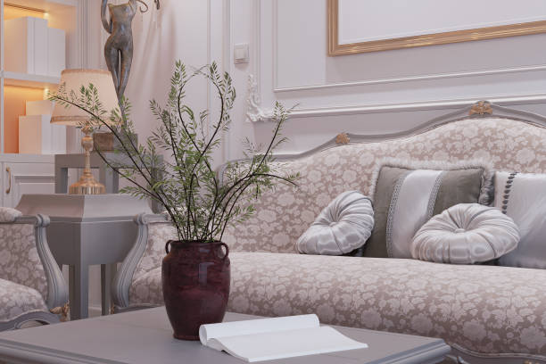 luxury baroque sofa on the background of the old wall