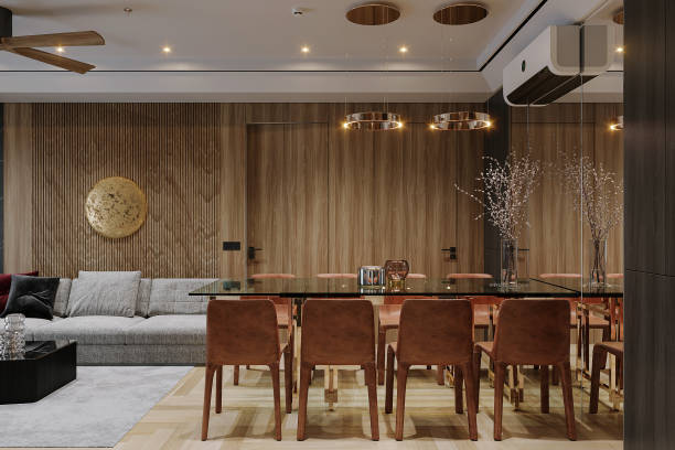 istock Elegant Dining Room With glass dining Table and seating Chairs 2166310529
