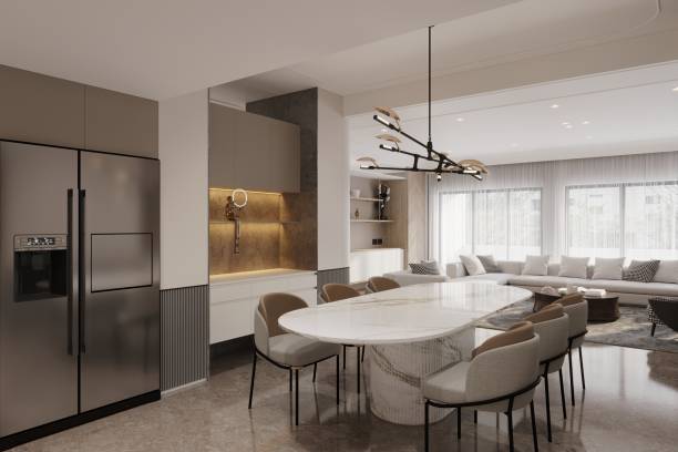 istock Stylish home kitchen interior with cooking cabinet through to the dining space 2166310660