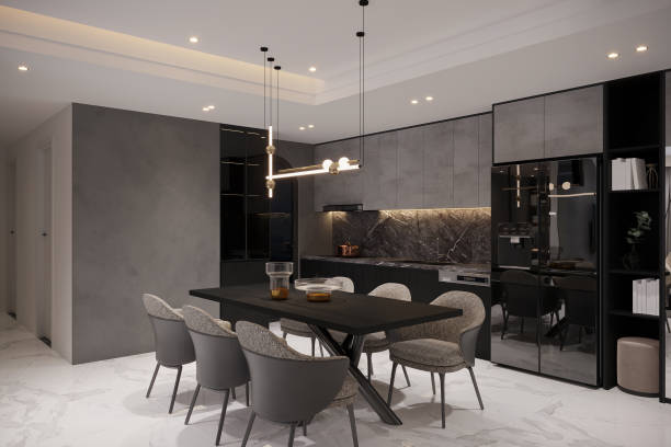 istock Home Interior, modern dark dining room interior, and open kitchen interior 2166310694